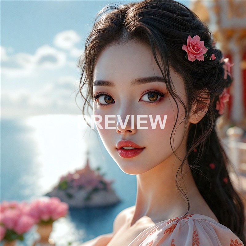 A close-up of a young woman with long, wavy dark hair adorned with pink flowers, looking directly at the camera with a serene expression, with a blurred background featuring water and pink flowers.